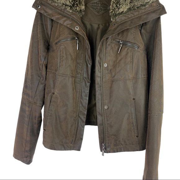 Jou Jou Faux Fur Vegan Quilted Leather Winter Jacket Brown Size Large Juniors - Picture 9 of 10